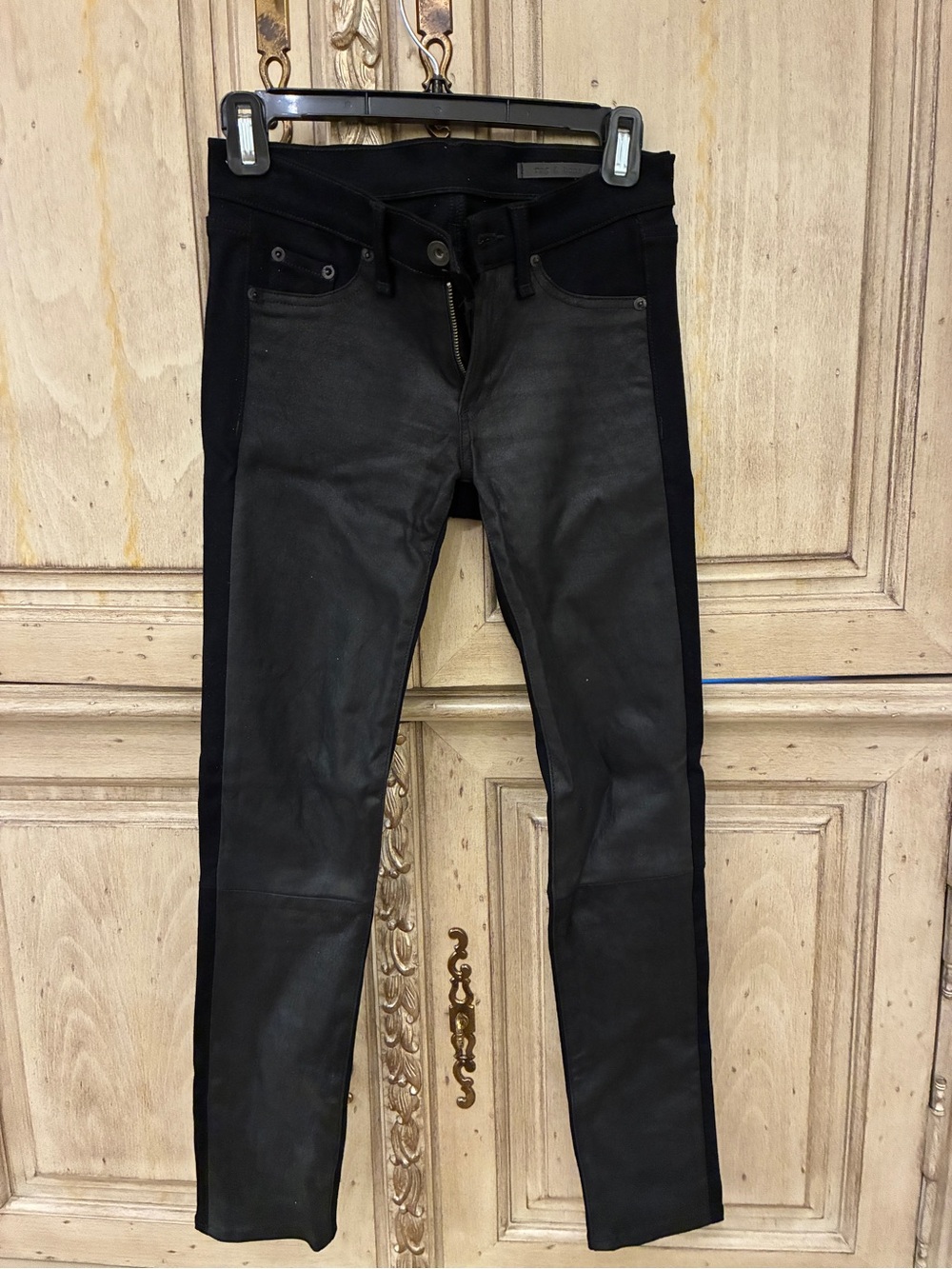 Women’s black leather front slim fit jean